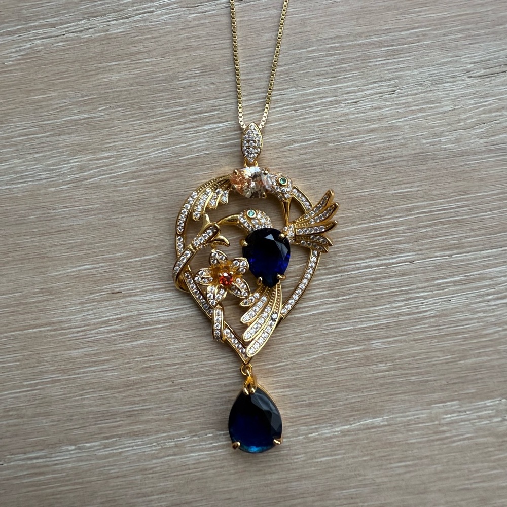 Daniel Steiger Hummingbird Sterling Gold tone and Blue Teardrop Pendant Necklace - Picture 3 of 6